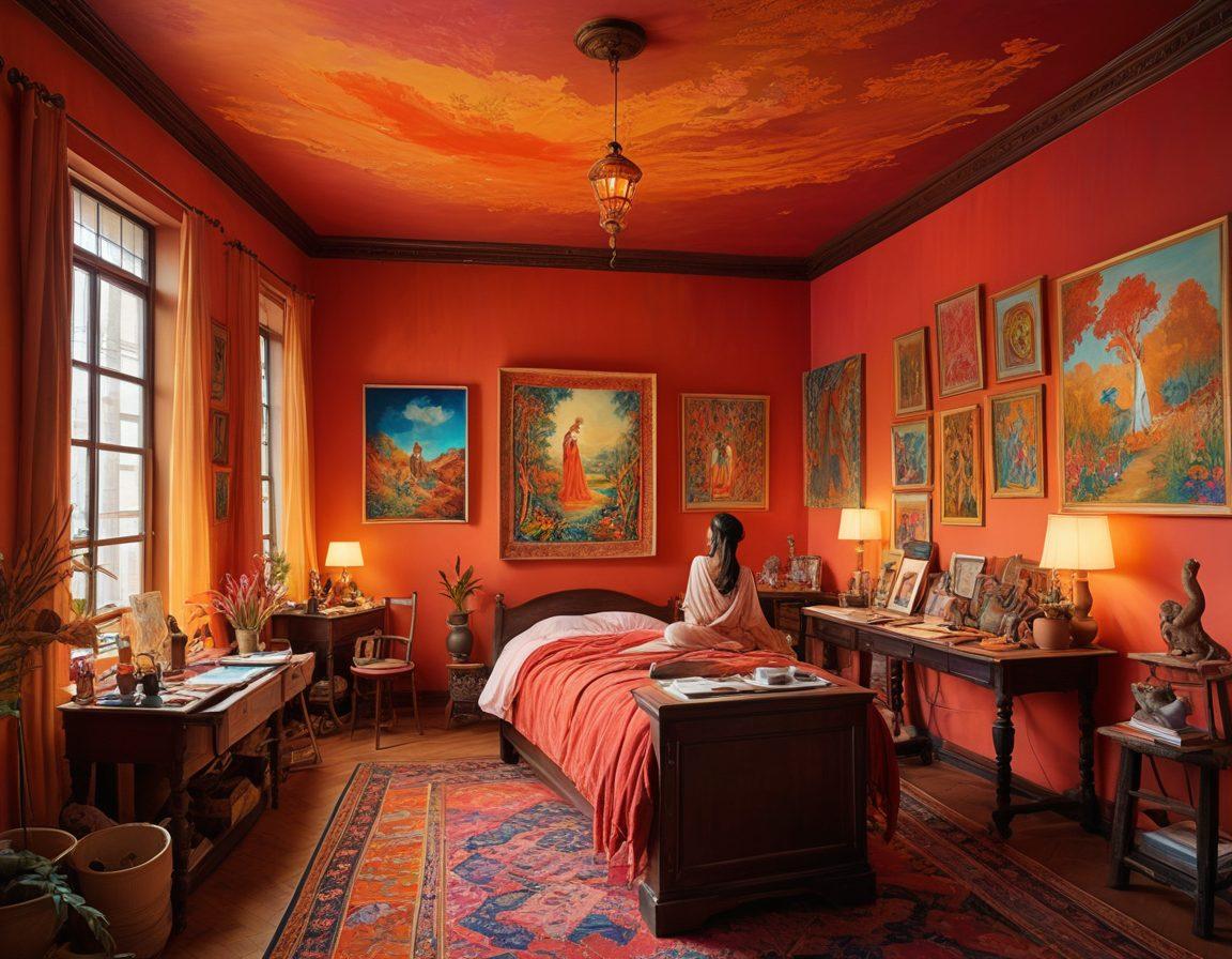 A captivating scene illustrating an art studio filled with vibrant sketches and animated characters depicting diverse themes of eroticism. Include an artist passionately working on a canvas, surrounded by colorful palettes and soft light that highlights the intricate details of the animated figures. Show elements that symbolize cultural boundaries, like traditional textiles and modern art pieces blending together. Emphasize a dreamy, surreal atmosphere with flowing lines and whimsical forms. vibrant colors. super-realistic. soft focus.