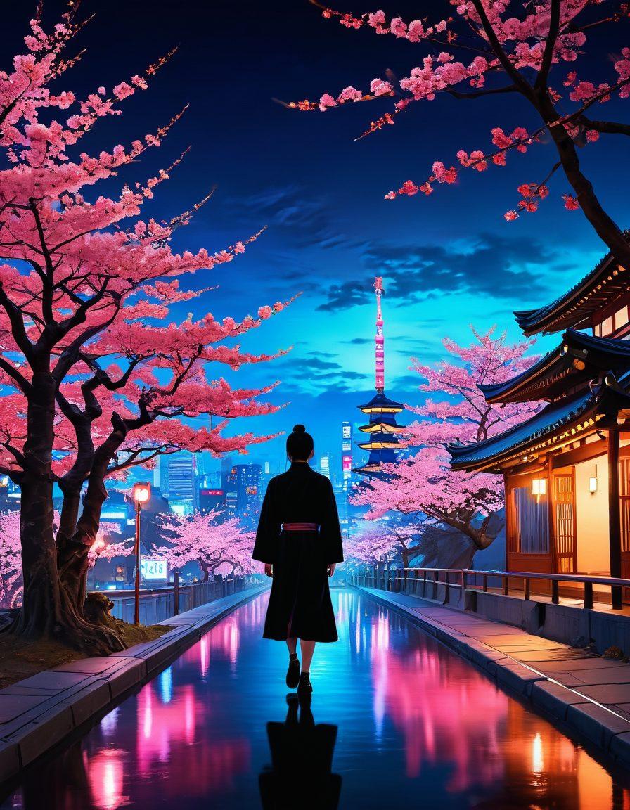 A surreal landscape merging classic Japanese art with modern digital aesthetics, featuring stylized characters engaging in intimate scenes. The background showcases a blend of traditional cherry blossom trees and neon city lights, creating an enchanting atmosphere. Use bold colors and intricate details to emphasize both the sensuality and artistry of the subject. Include subtle hints of animated motion, like flowing fabric or fluttering petals. vibrant colors. cyberpunk. painting.